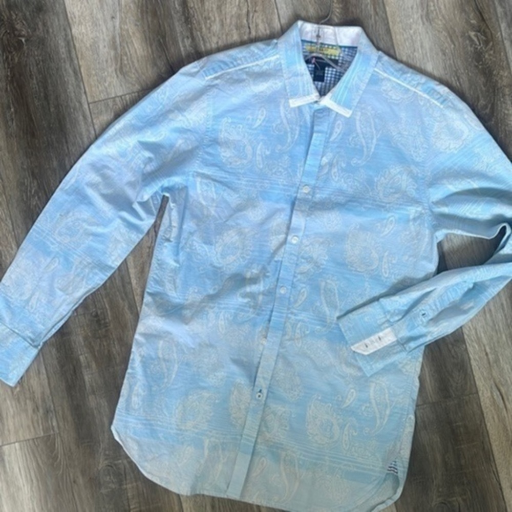 INC shirt Men's Large Slim Fit light blue white paisley career